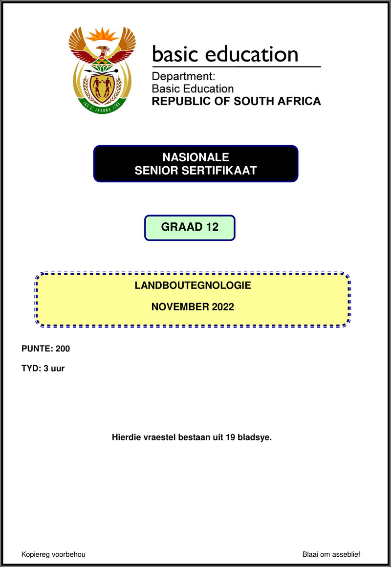 Grade 12 Landboutegnologie past paper 2022 – agricultural technology nov 2022 afr gr12