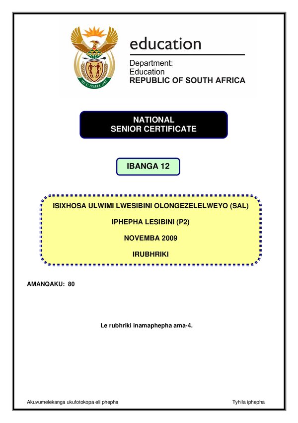 Isixhosa Sal P2 Rubrics