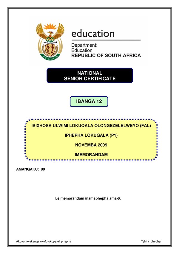 Isixhosa Fal P1 Memo
