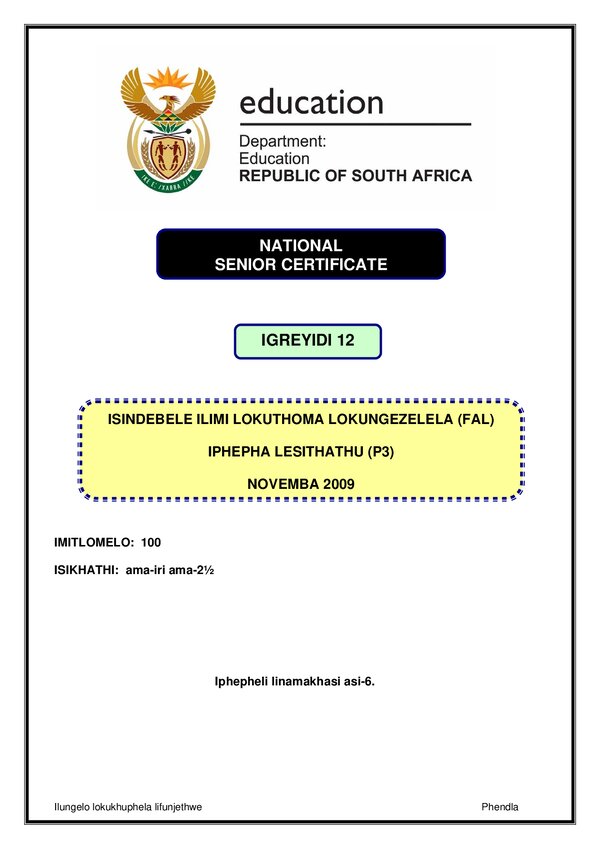 Grade 12 isiNdebele past paper 2009 – IsiNdebele FAL P3