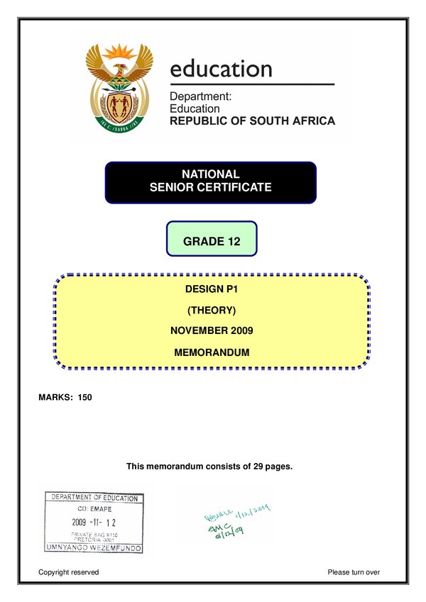 Grade 12 Design past paper 2009 – Design Memo 1 (Eng)