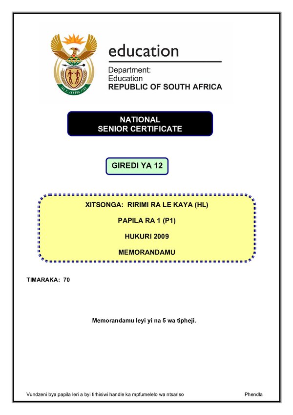Xitsonga Hl P1 Memo
