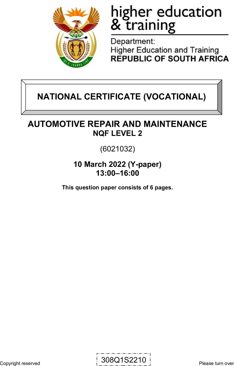 Automotive Repair And Maintenance L2 QP Feb 2022 Van Zyl S