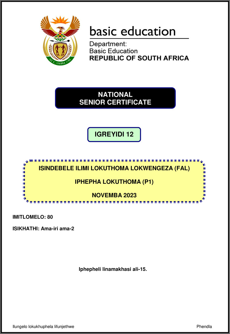 Isindebele Fal P1 Nov 2023 Gr12