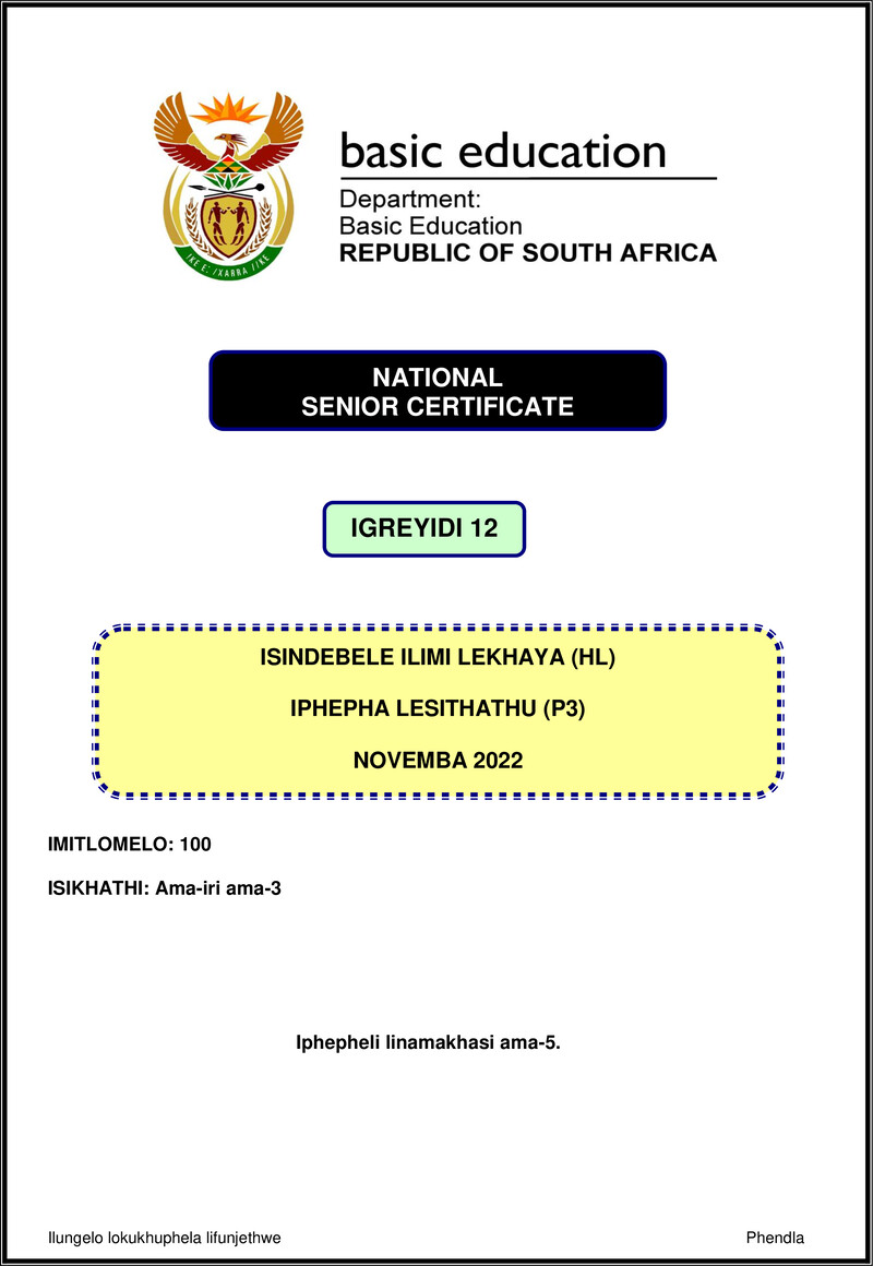Isindebele Hl P3 Nov 2022 Gr12
