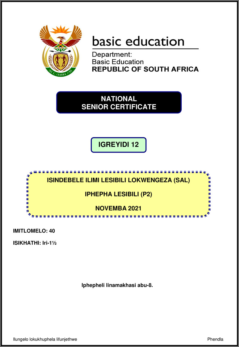 Isindebele Sal P2 Nov 2021 Gr12