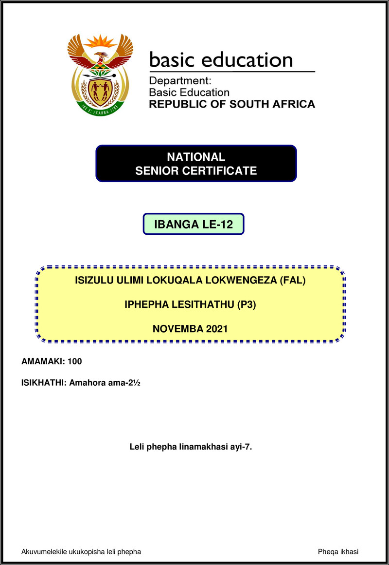 Isizulu Fal P3 Nov 2021 Gr12