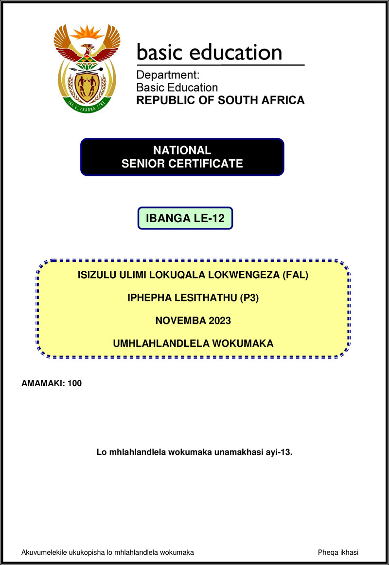 Isizulu Fal P3 Nov 2023 Mg Gr12