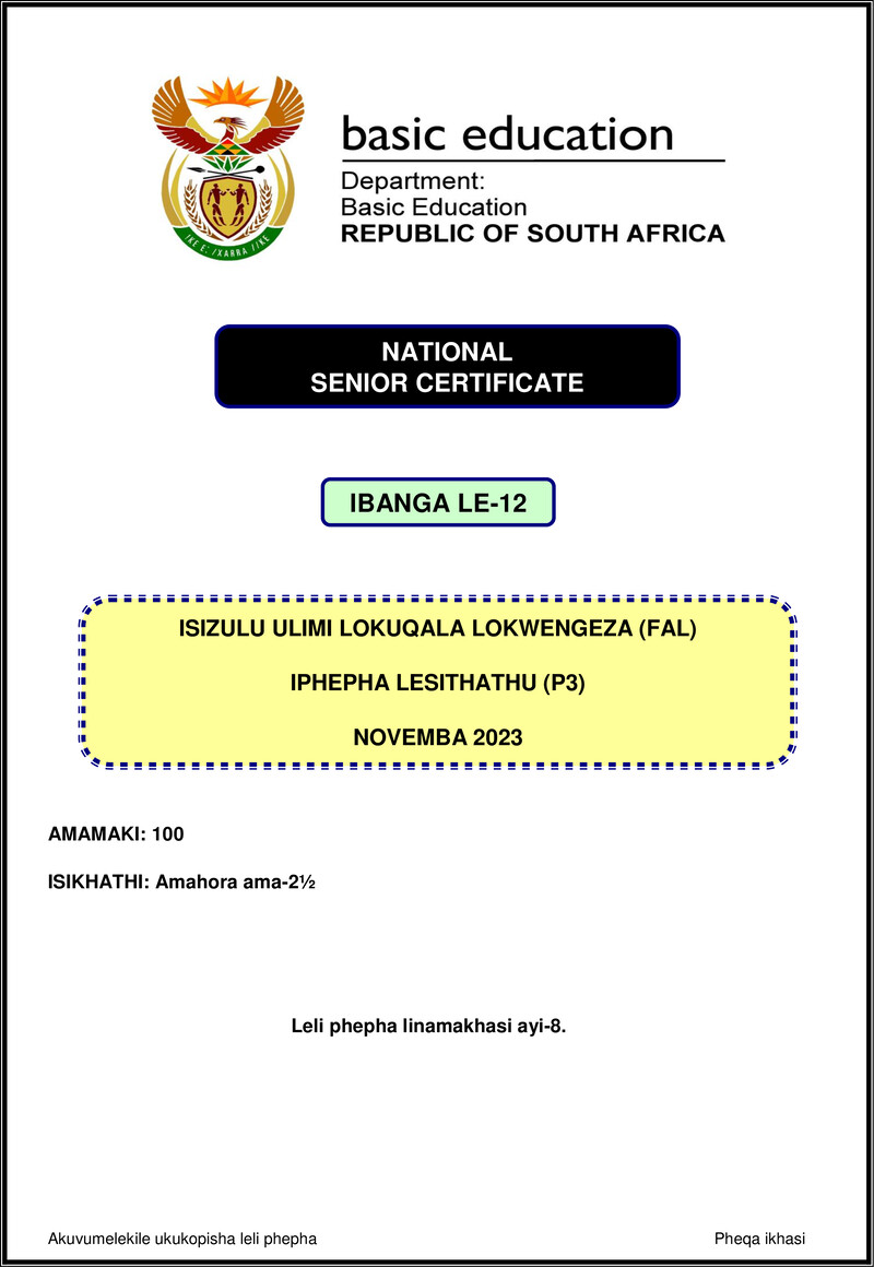 Isizulu Fal P3 Nov 2023 Gr12
