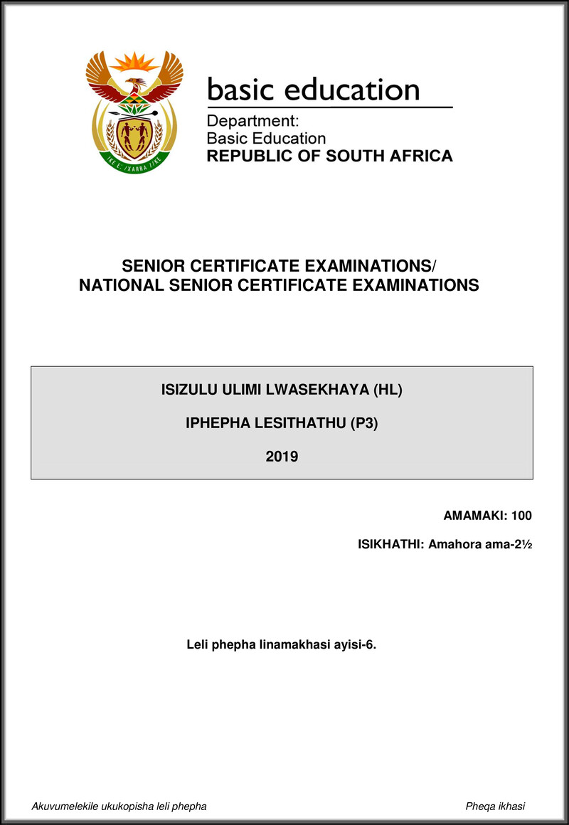 Isizulu Hl P3 May June 2019 Gr12