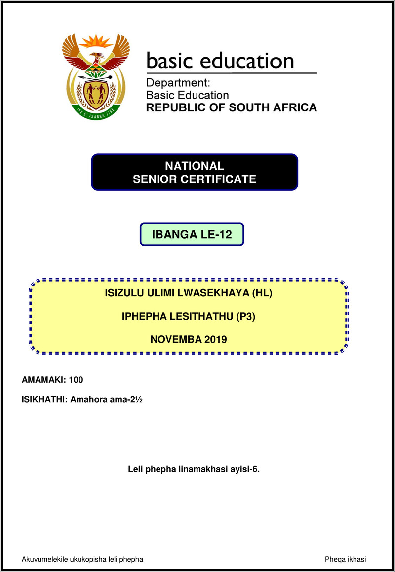 Grade 12 isiZulu past paper 2019 – isizulu hl p3 nov 2019 gr12
