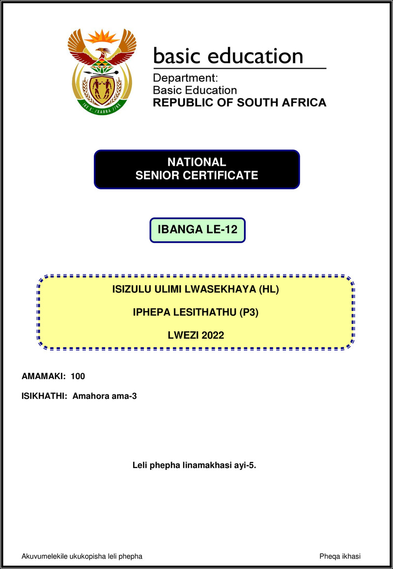 Grade 12 isiZulu past paper 2022 – isizulu hl p3 nov 2022 gr12