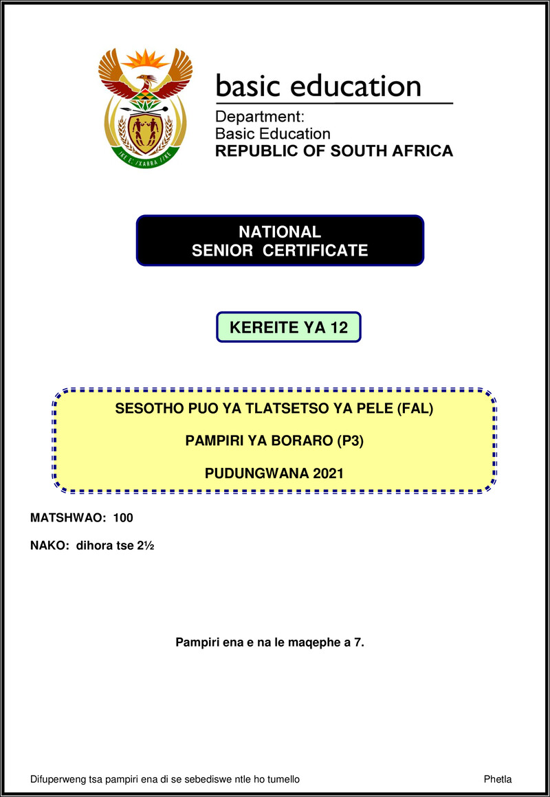 Grade 12 Sesotho past paper 2021 – sesotho fal p3 nov 2021 gr12