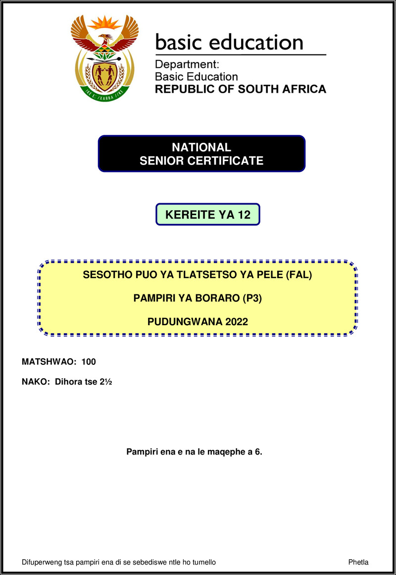Grade 12 Sesotho past paper 2022 – sesotho fal p3 nov 2022 gr12