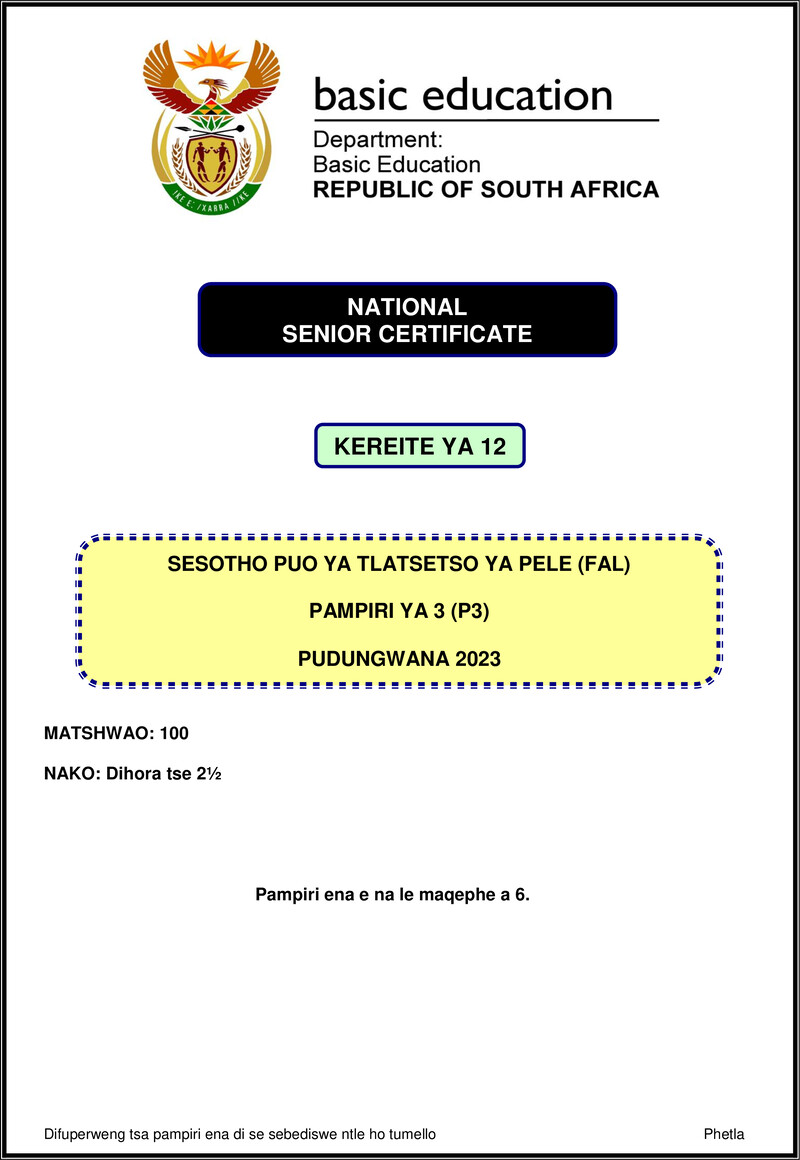 Sesotho Fal P3 Nov 2023 Gr12