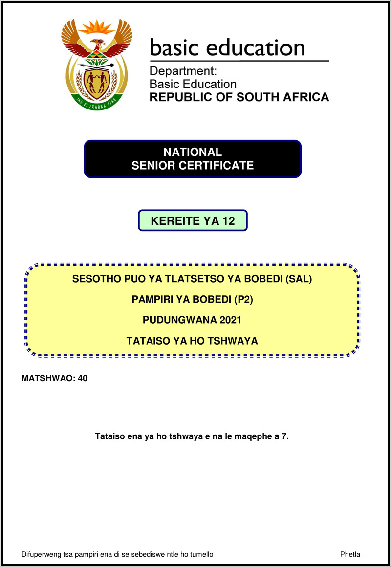Sesotho Sal P2 Nov 2021 Mg Gr12