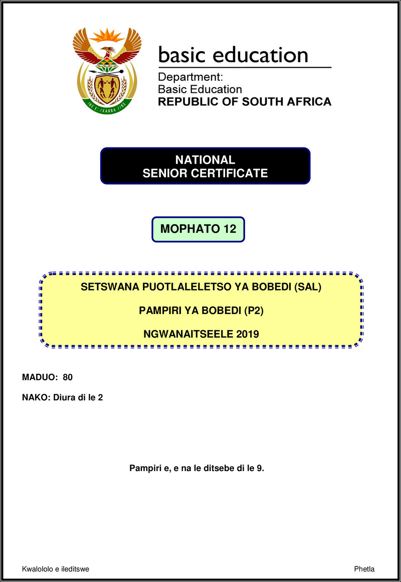 Setswana Sal P2 Nov 2019 Gr12