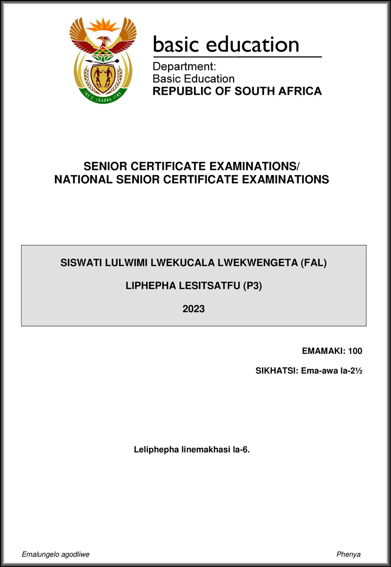 Siswati Fal P3 May June 2023 Gr12