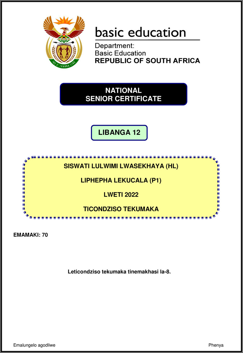 Grade 12 Siswati past paper 2022 – siswati hl p1 nov 2022 mg gr12