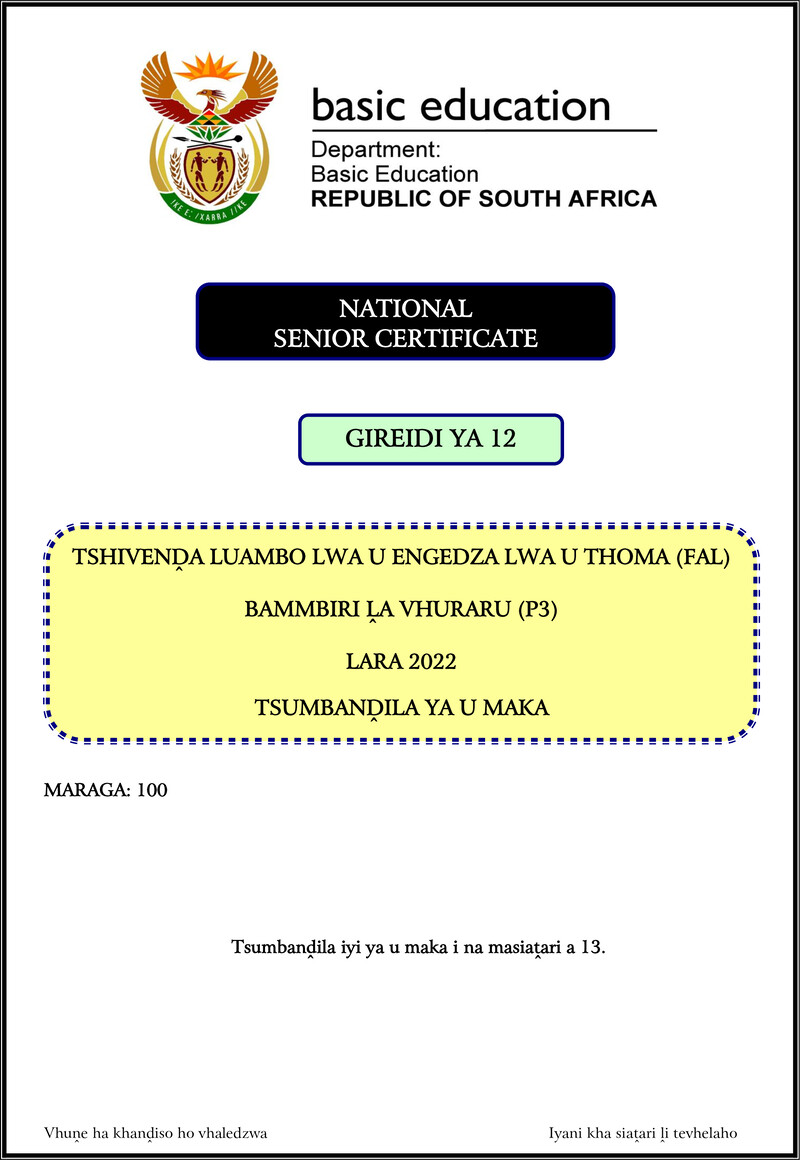 Grade 12 Tshivenda past paper 2022 – tshivenda fal p3 nov 2022 mg gr12