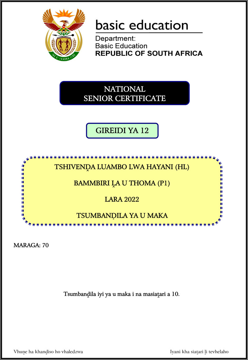 Grade 12 Tshivenda past paper 2022 – tshivenda hl p1 nov 2022 mg gr12
