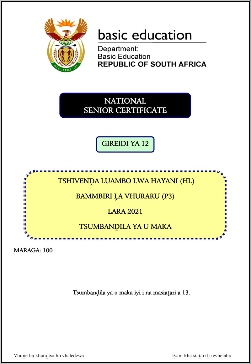 Tshivenda Hl P3 Nov 2021 Mg Gr12