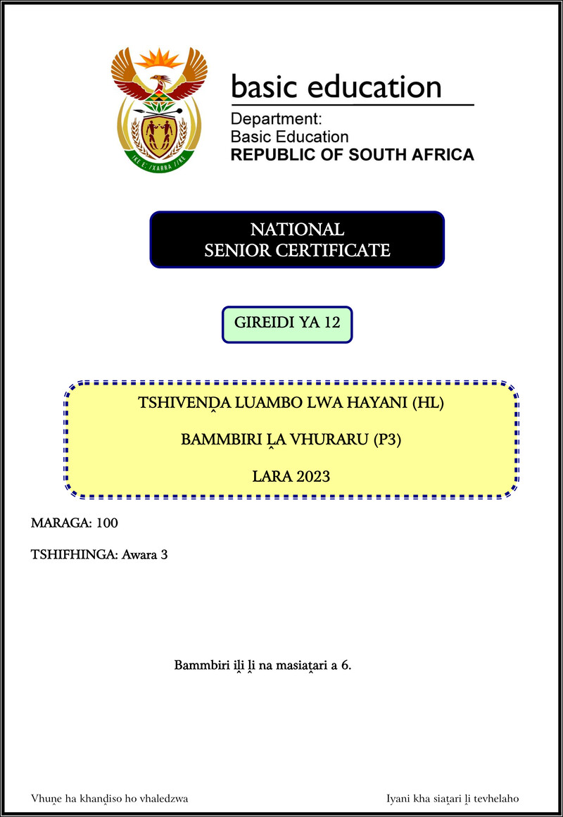 Tshivenda Hl P3 Nov 2023 Gr12
