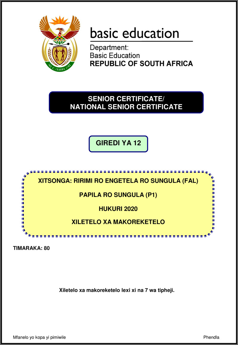 Xitsonga Fal P1 Nov 2020 Memo Gr12