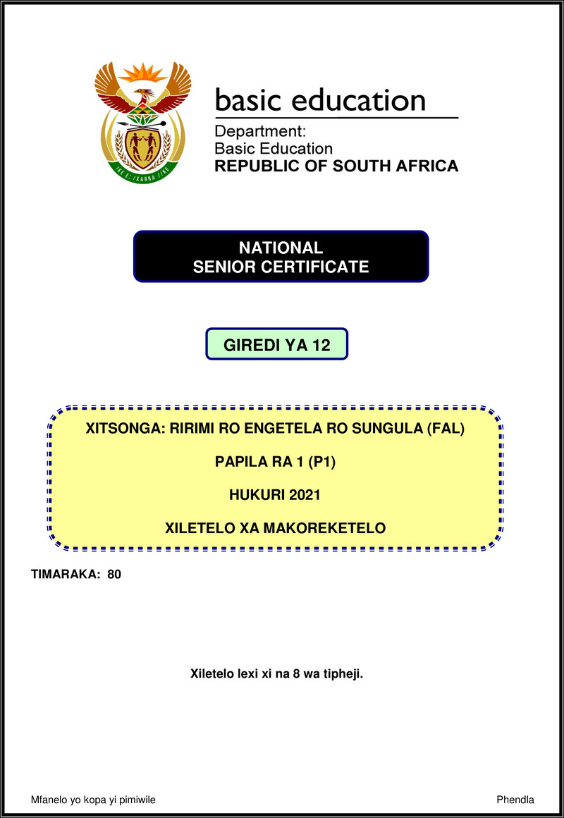 Xitsonga Fal P1 Nov 2021 Mg Gr12
