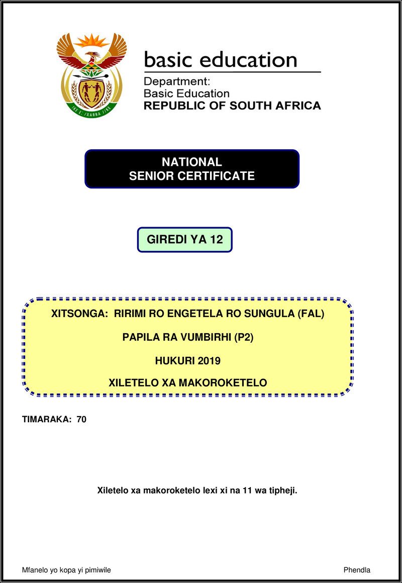 Xitsonga Fal P2 Nov 2019 Memo Gr12