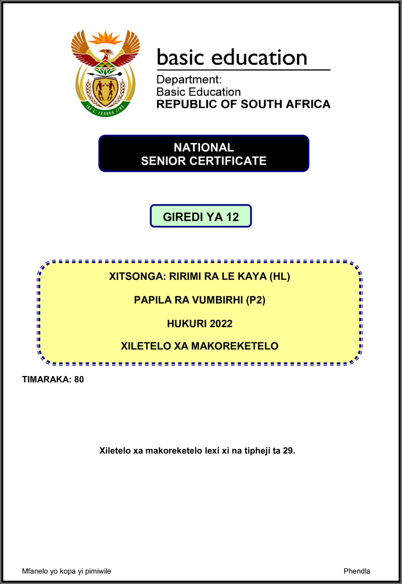 Xitsonga Hl P2 Nov 2022 Mg Gr12