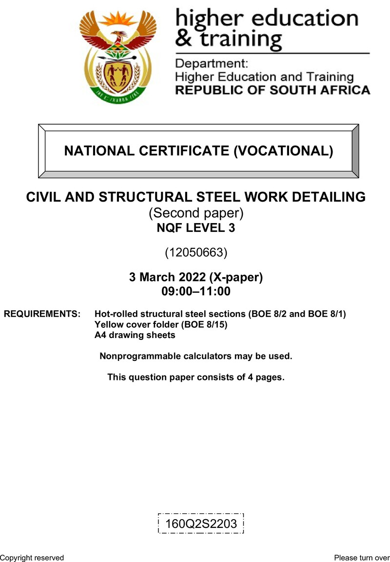 Civil And Structural Steelwork Detailing L3 P2 QP Supp Feb 2022 De Jager