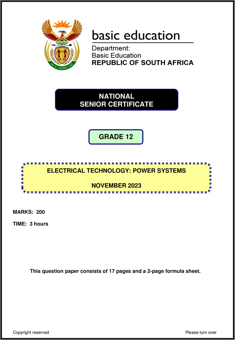 Grade 12 Electrical Technology past paper 2023 – electrical technology nov 2023 power systems eng gr12
