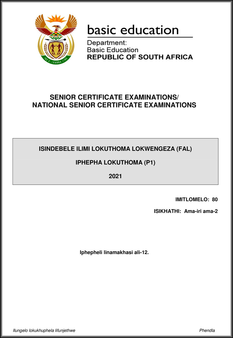 Isindebele Fal P1 May June 2021 Gr12