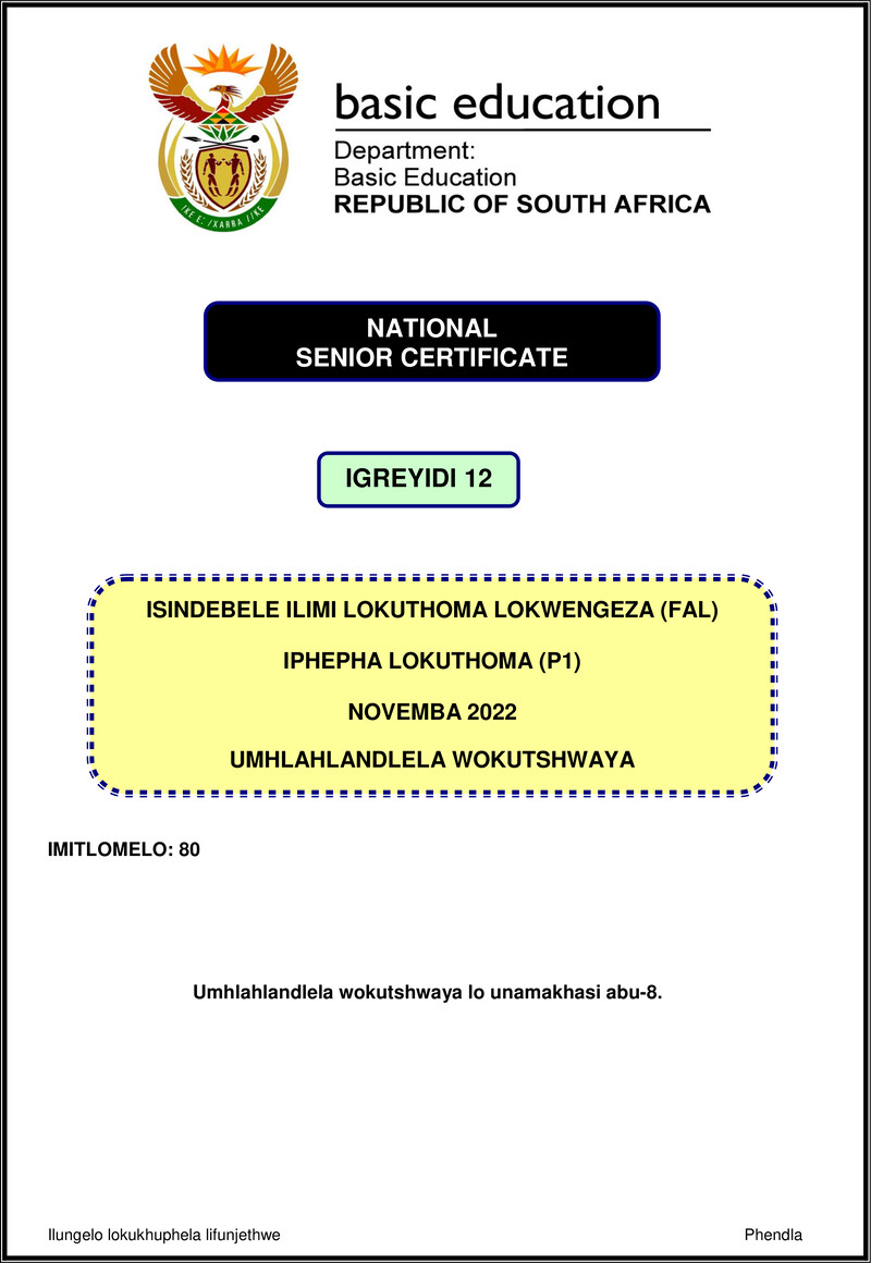 Grade 12 isiNdebele past paper 2022 – isindebele fal p1 nov 2022 mg gr12