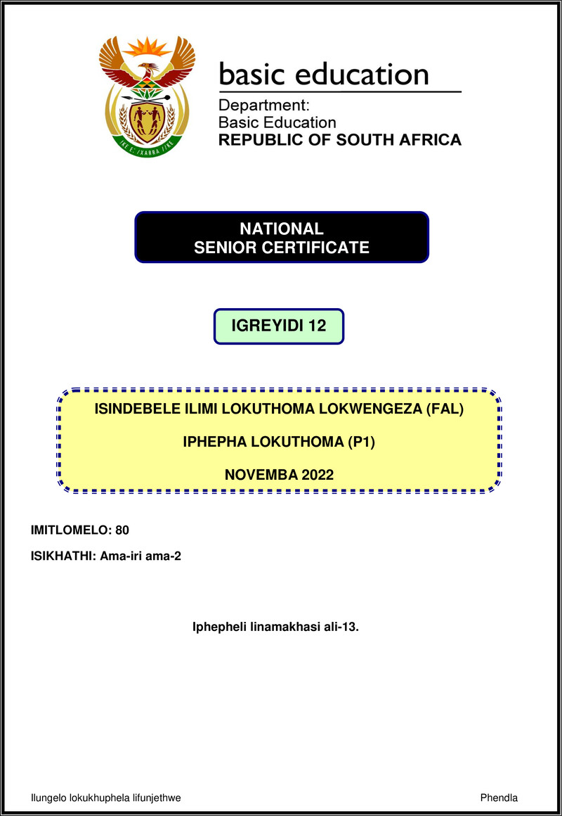 Grade 12 isiNdebele past paper 2022 – isindebele fal p1 nov 2022 gr12