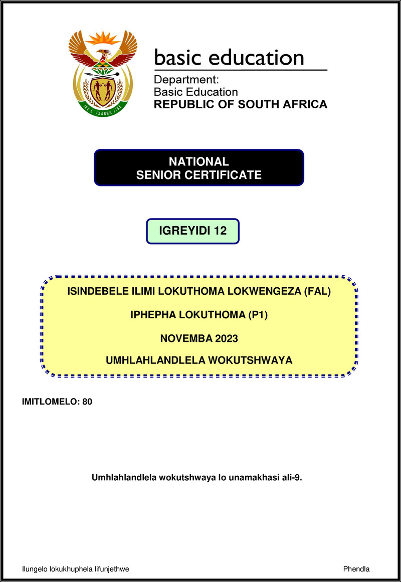Grade 12 isiNdebele past paper 2023 – isindebele fal p1 nov 2023 mg gr12