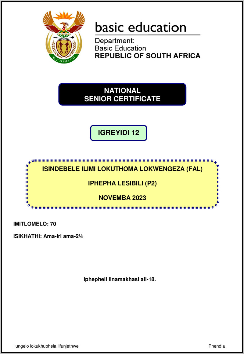 Isindebele Fal P2 Nov 2023 Gr12