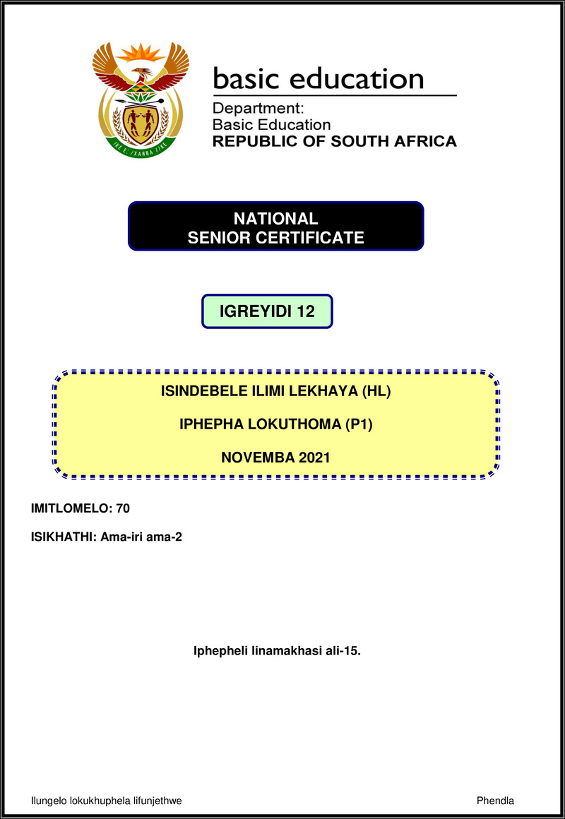 Isindebele Hl P1 Nov 2021 Gr12