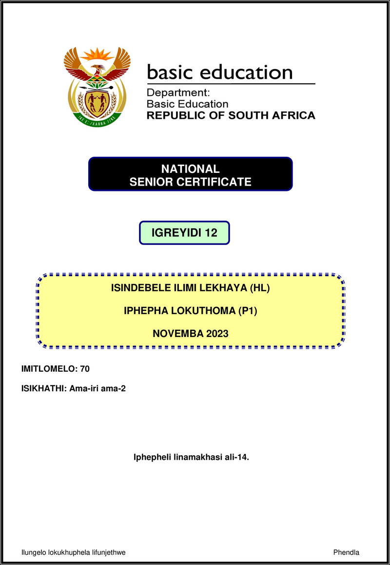 Isindebele Hl P1 Nov 2023 Gr12