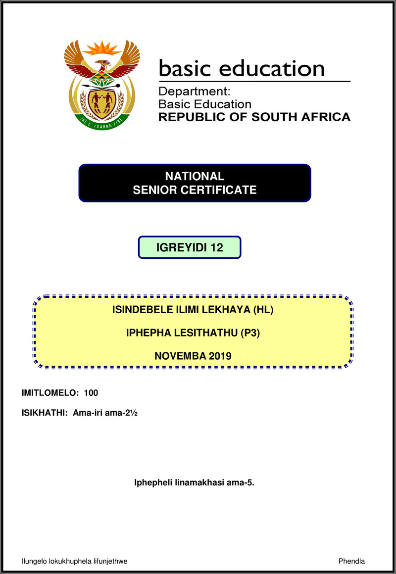 Grade 12 isiNdebele past paper 2019 – isindebele hl p3 nov 2019 gr12