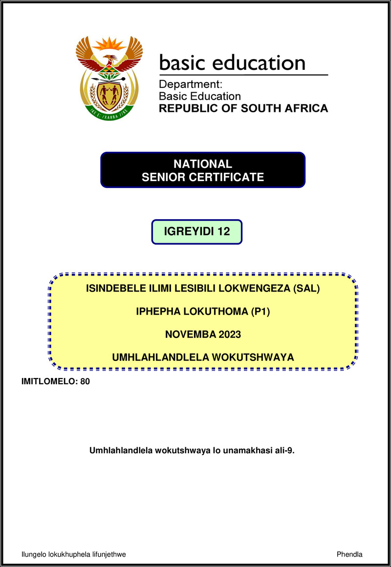Isindebele Sal P1 Nov 2023 Mg Gr12
