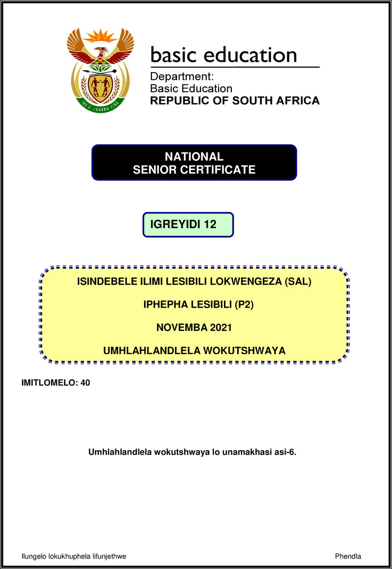 Isindebele Sal P2 Nov 2021 Mg Gr12