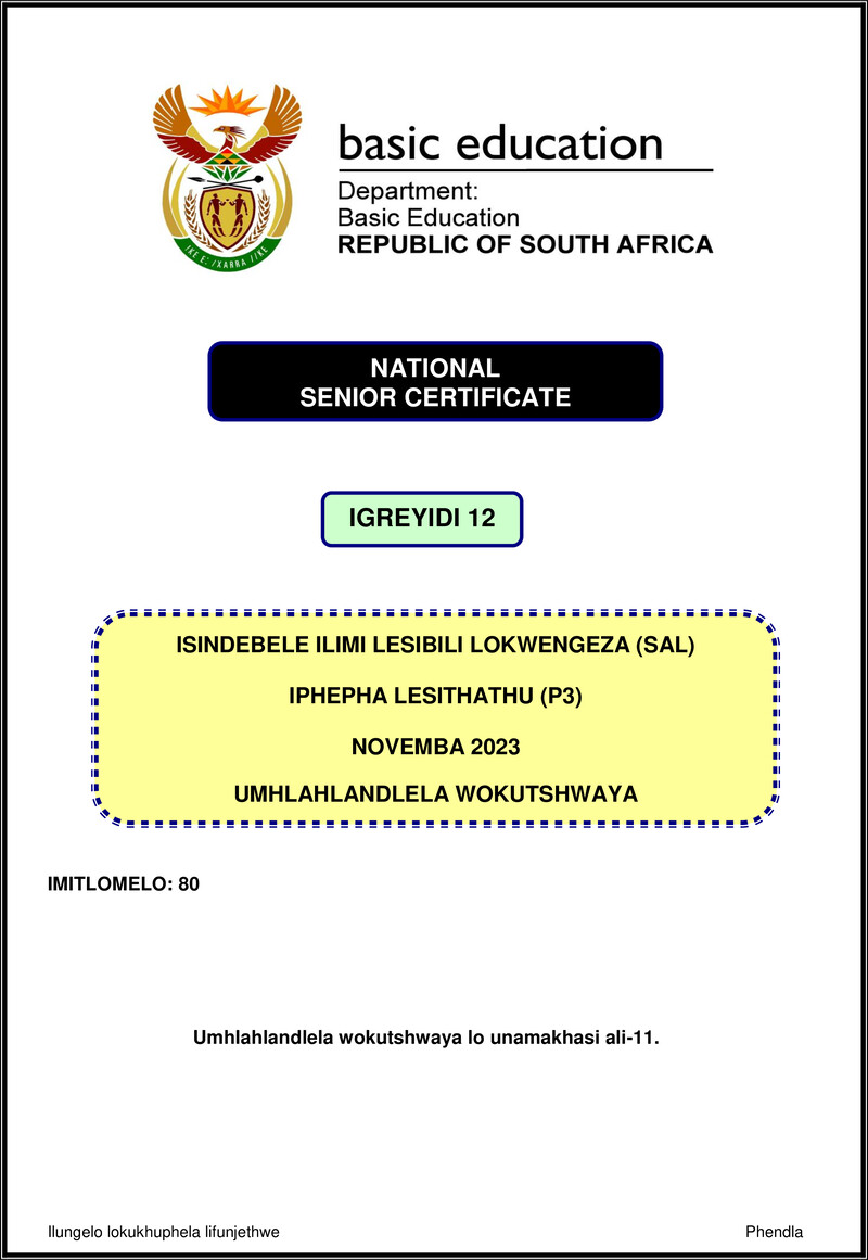 Isindebele Sal P3 Nov 2023 Mg Gr12