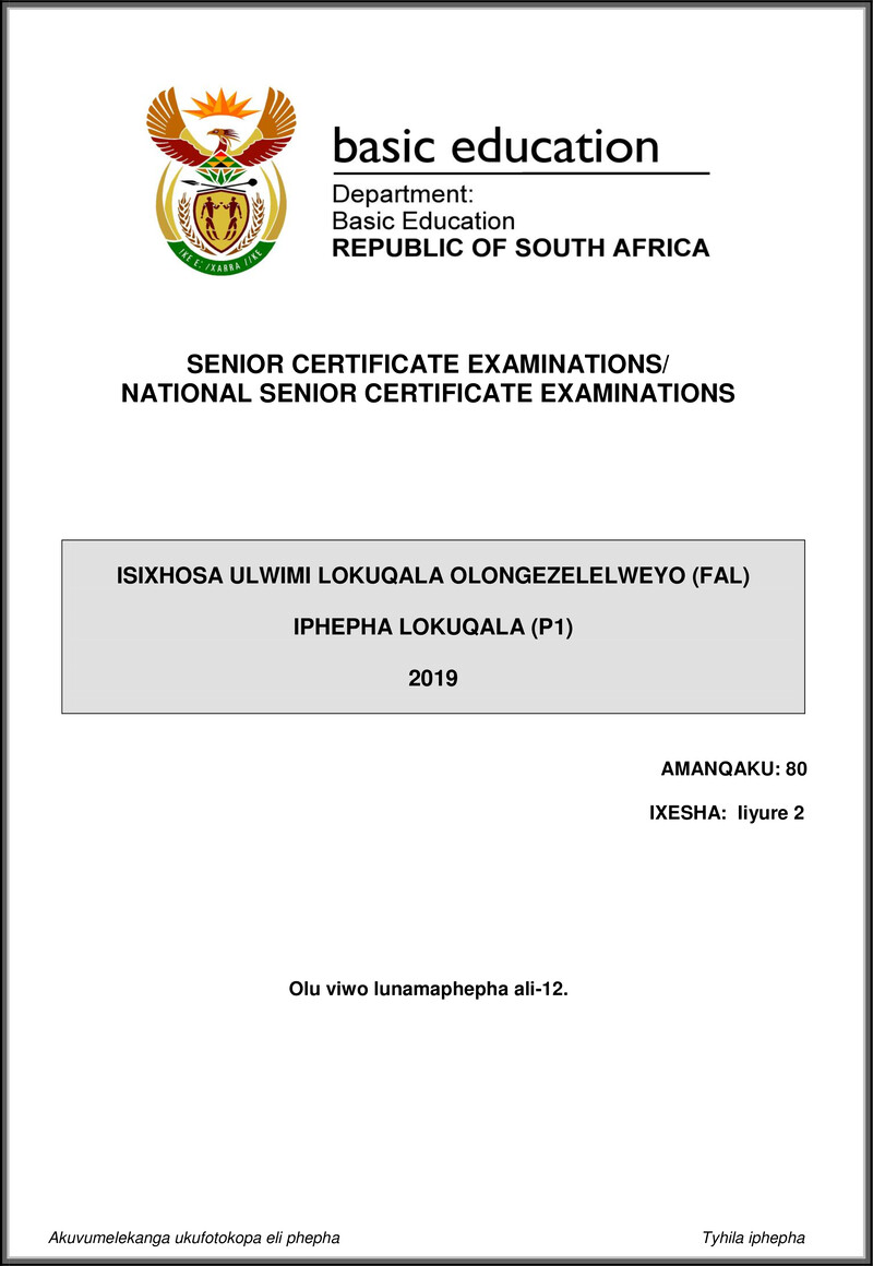 Isixhosa Fal P1 May June 2019 Gr12
