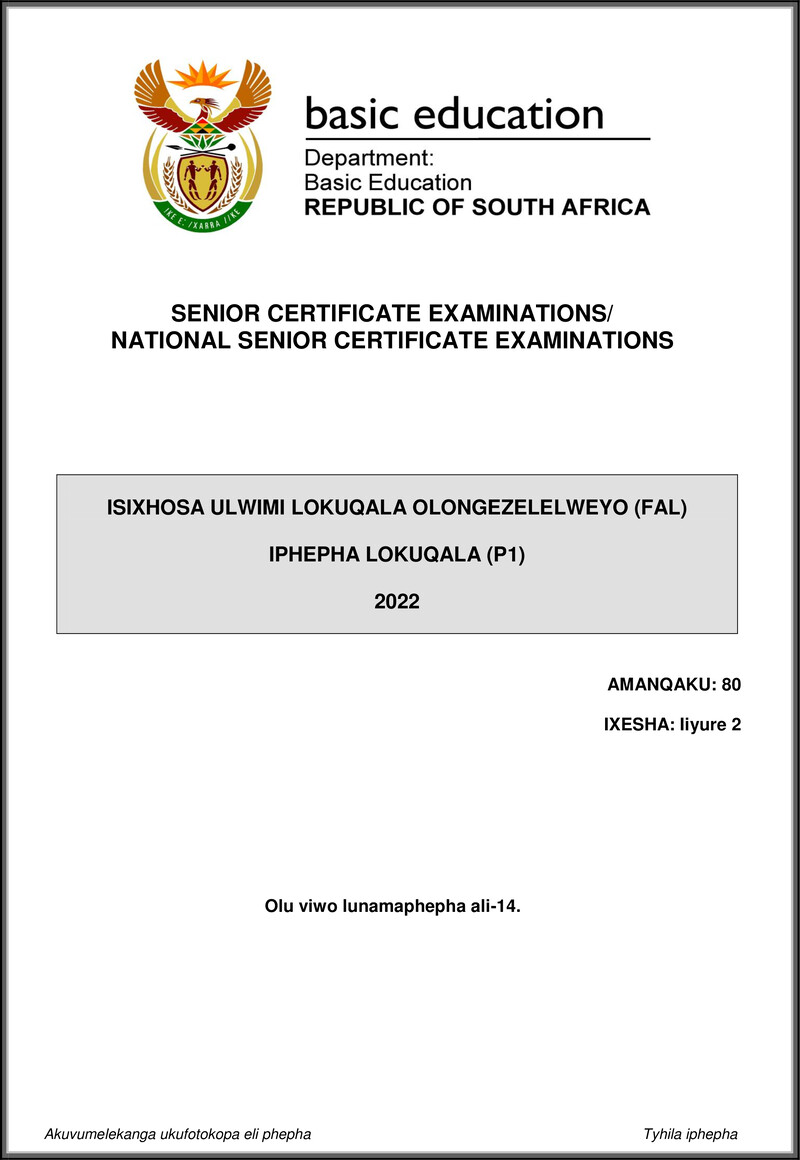 Isixhosa Fal P1 May June 2022 Gr12