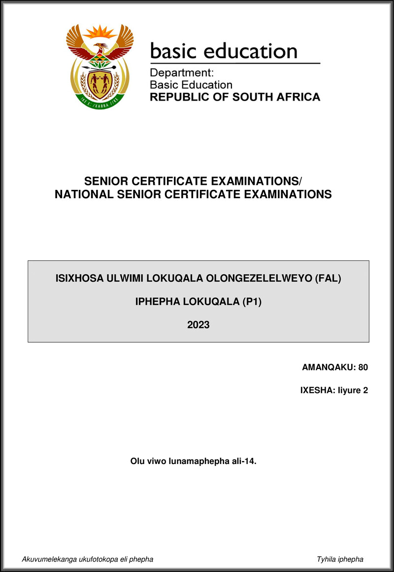 Isixhosa Fal P1 May June 2023 Gr12