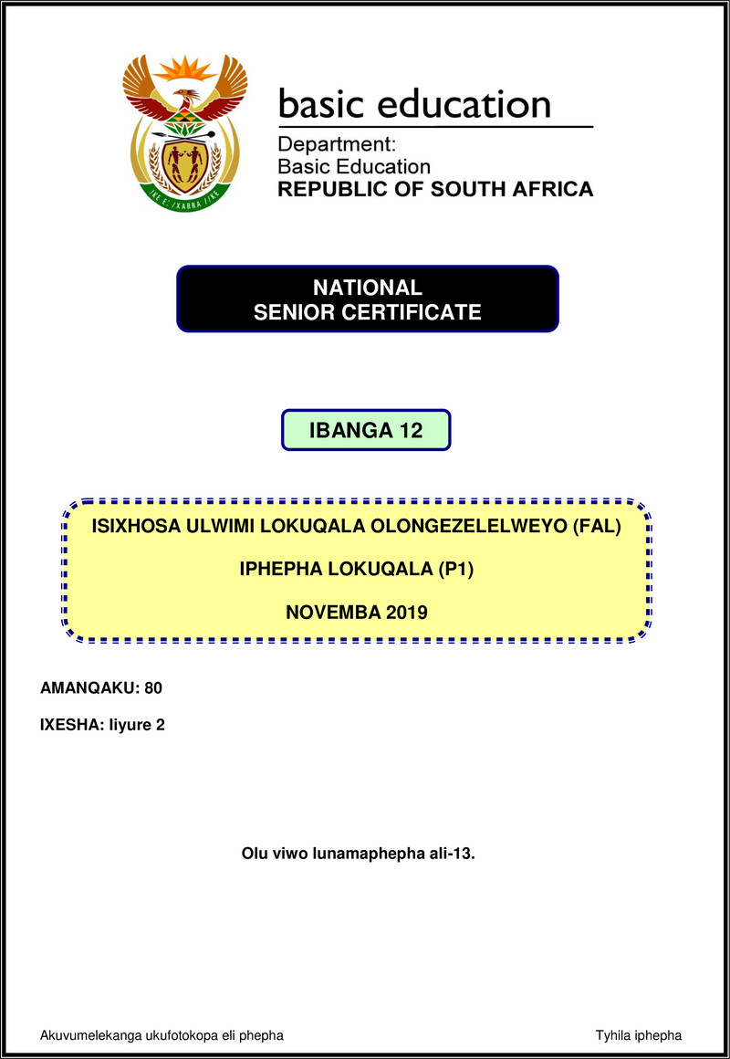 Isixhosa Fal P1 Nov 2019 Gr12