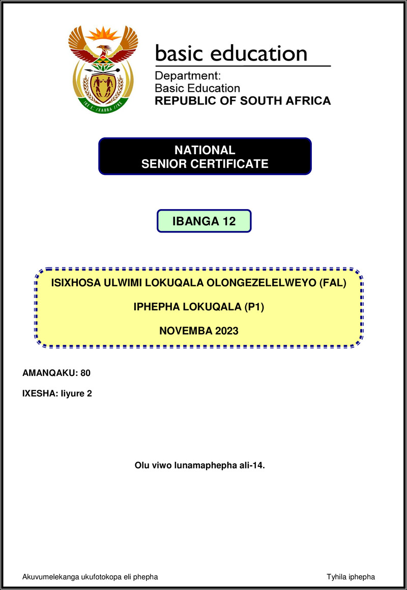Isixhosa Fal P1 Nov 2023 Gr12