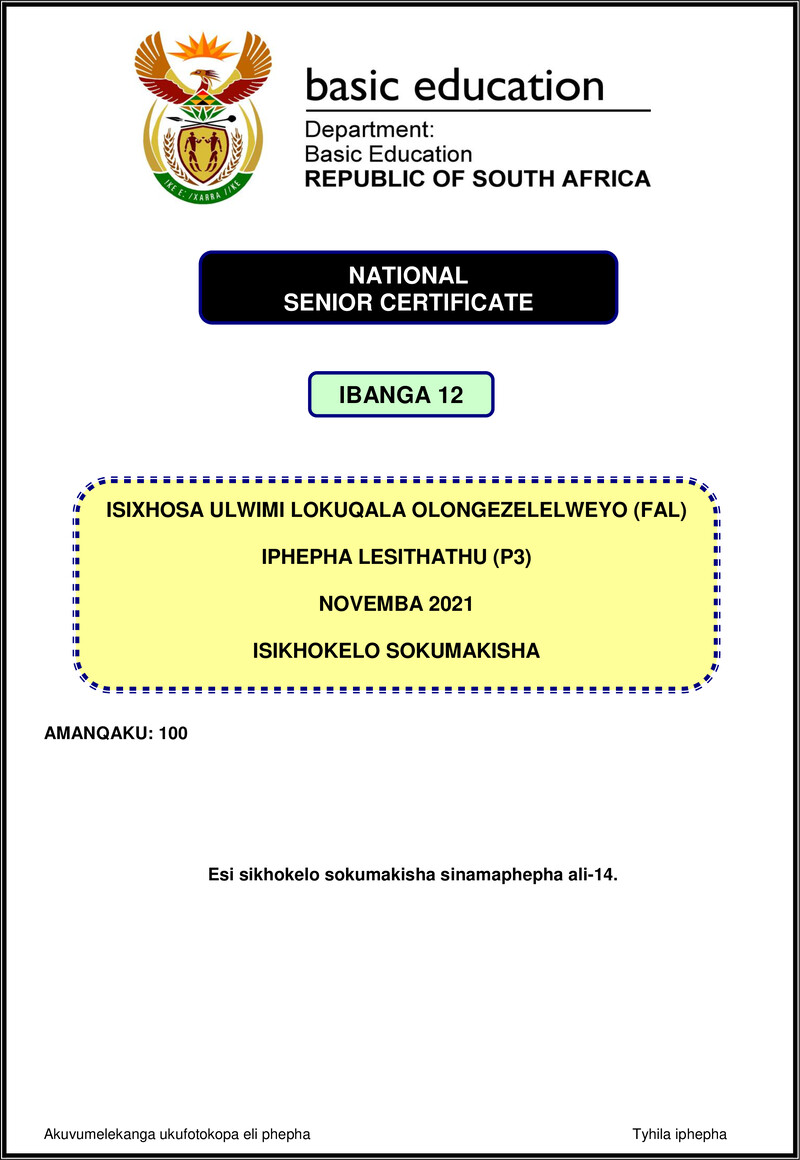 Isixhosa Fal P3 Nov 2021 Mg Gr12